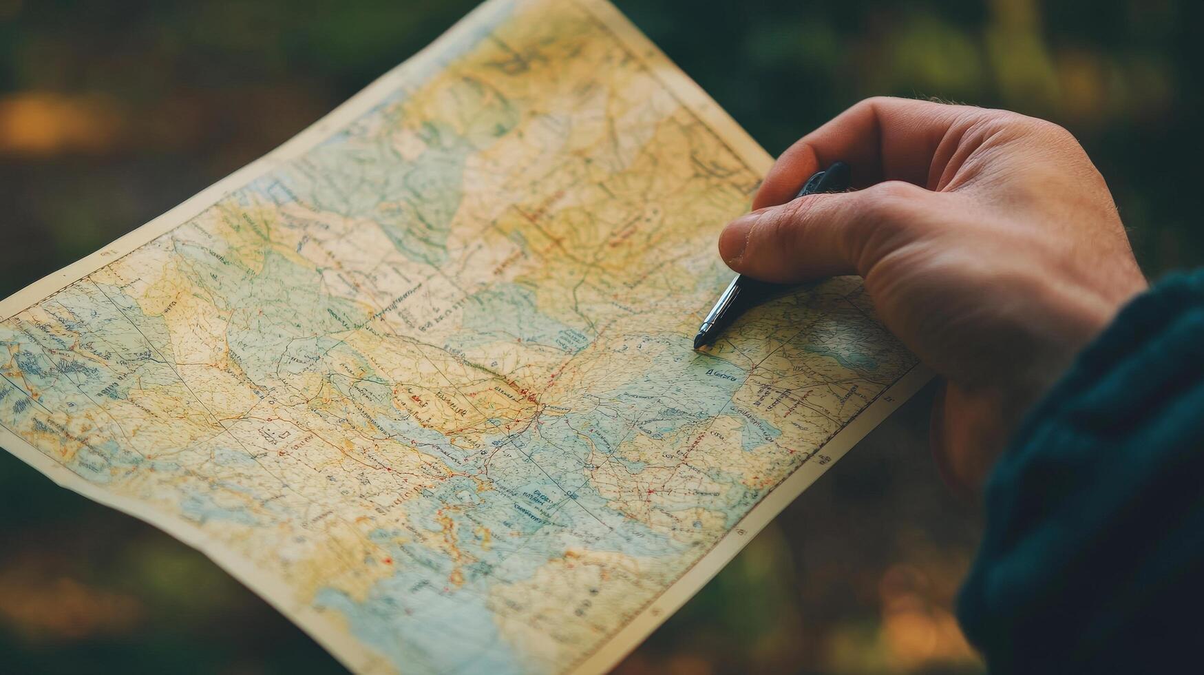 Close-up of a person's hand holding a vintage map. photo