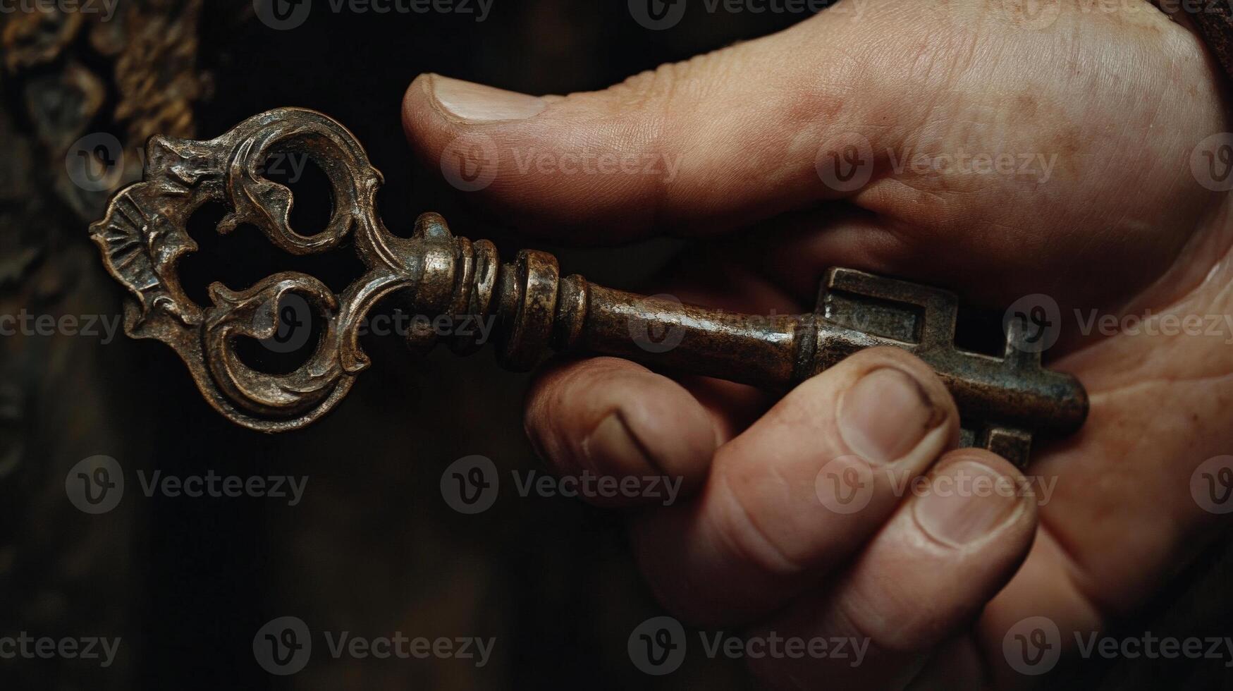 Aged antique key held in a weathered hand. photo
