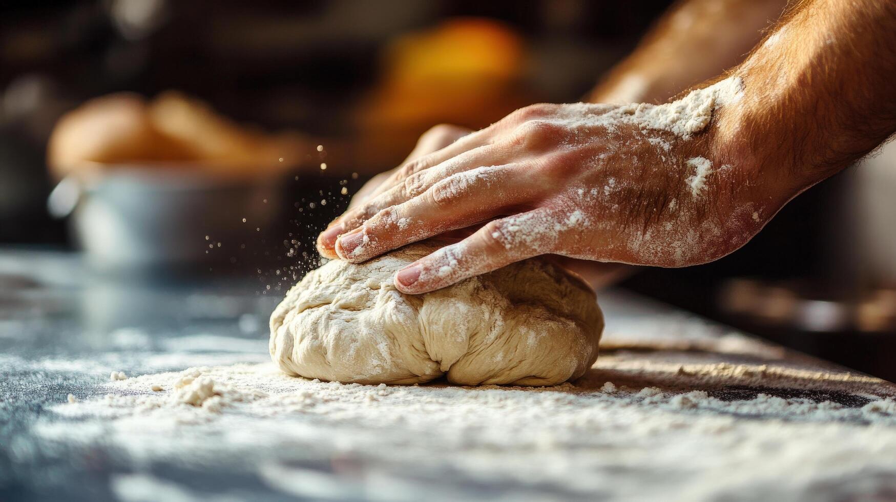 Close-up view of hands kneading dough on a floured surface. w photo