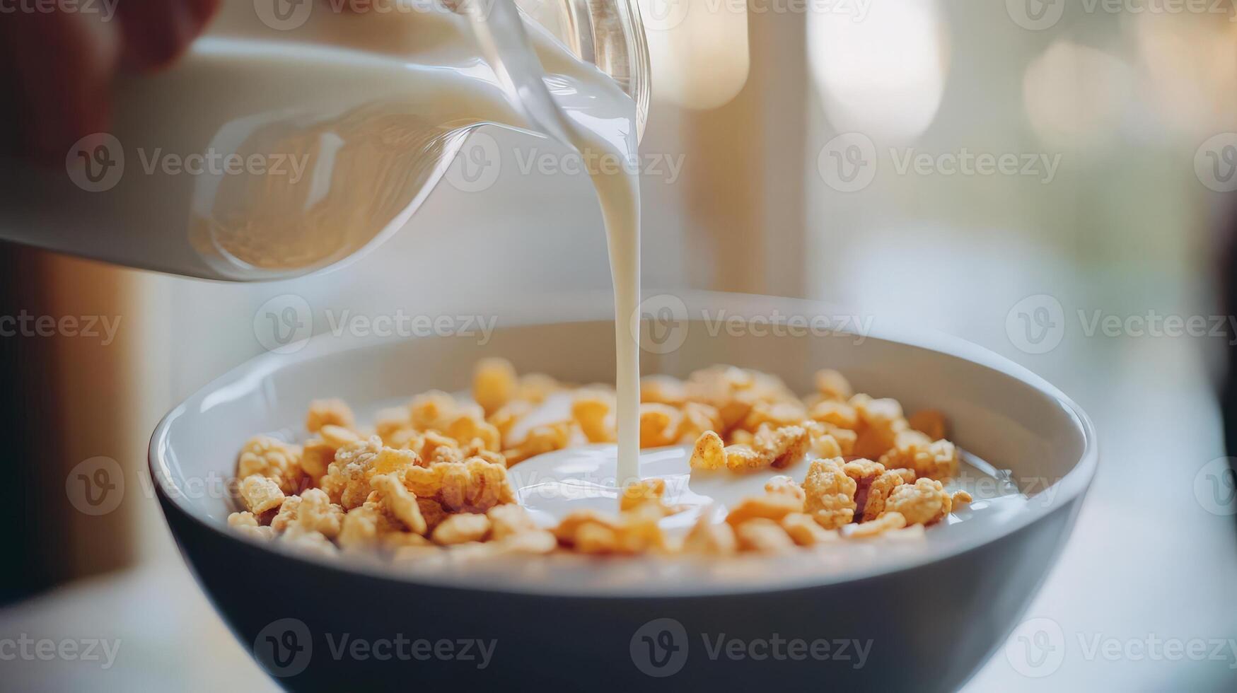 Milk being poured over breakfast cereal in a bowl. photo