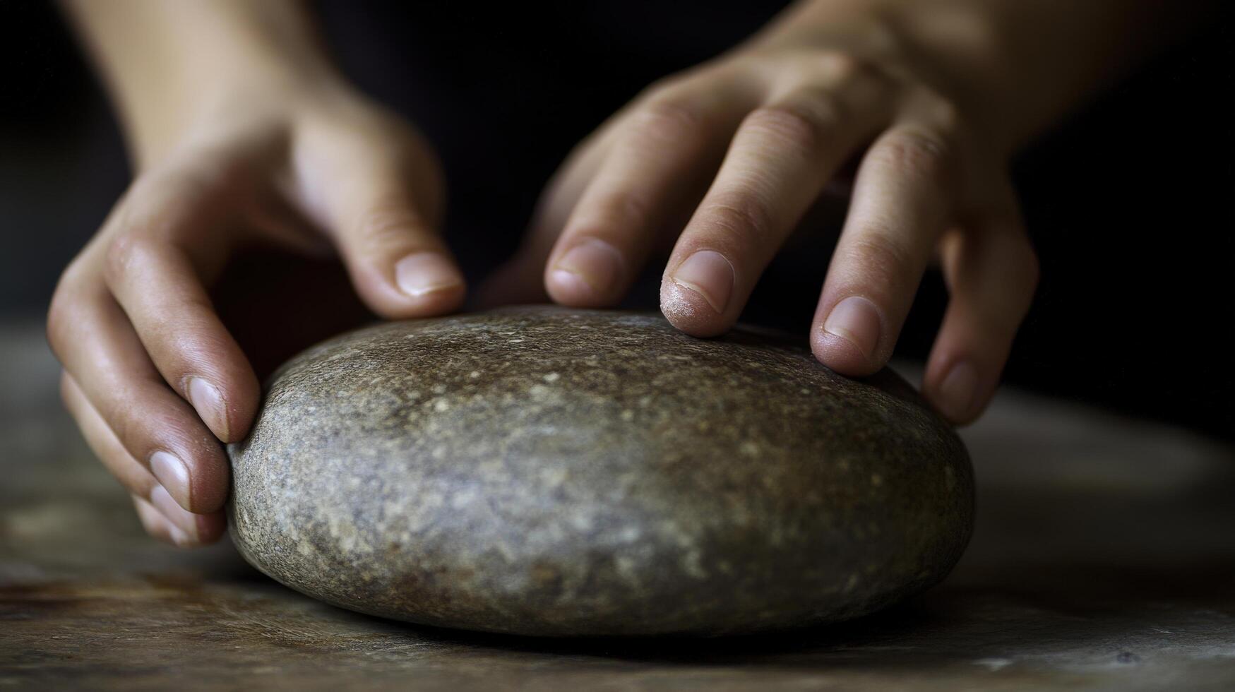 Close-up view of hands shaping a dark stone-like object. photo
