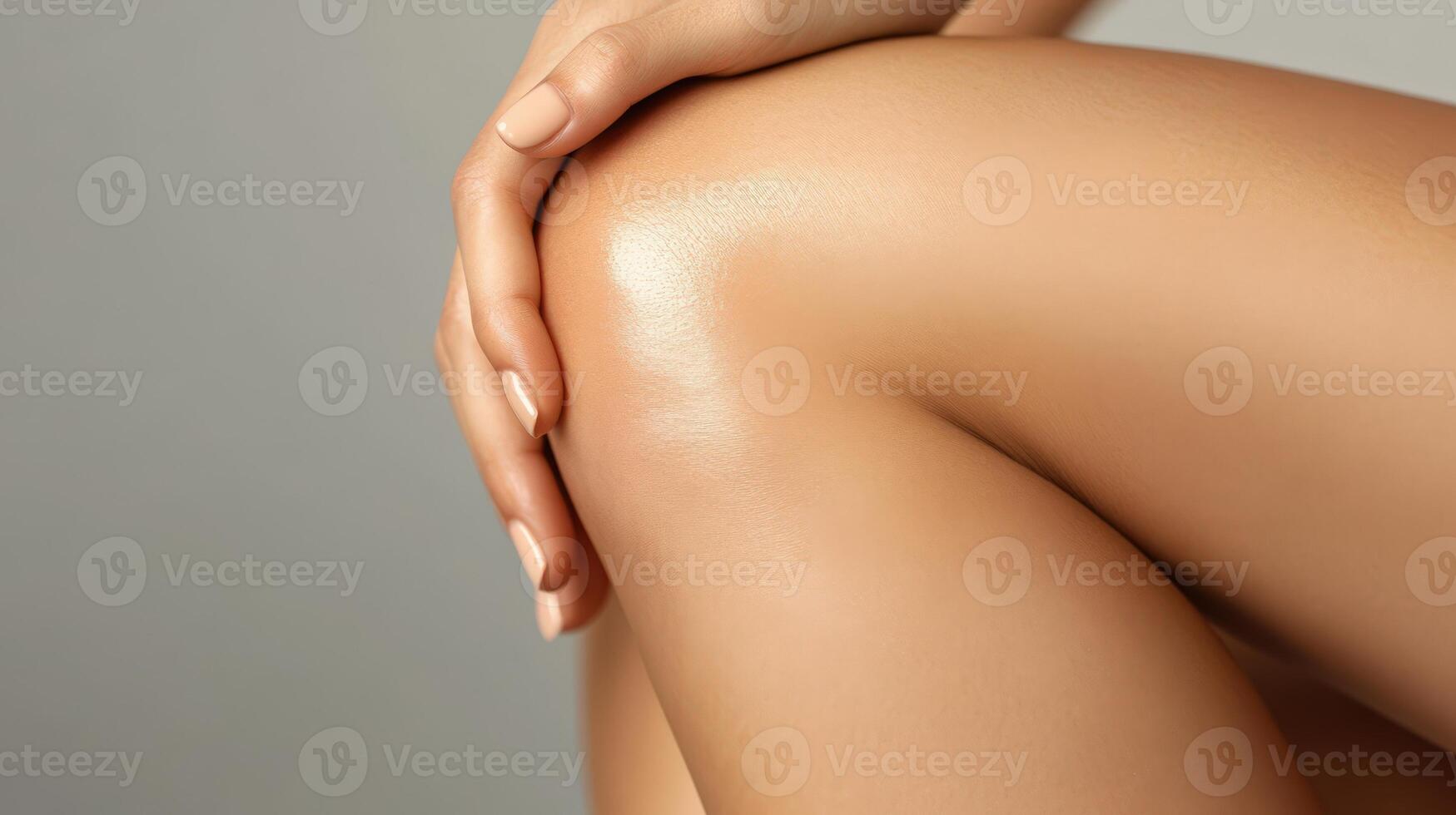 Close-up view of a woman's smooth, oiled legs and knee. photo