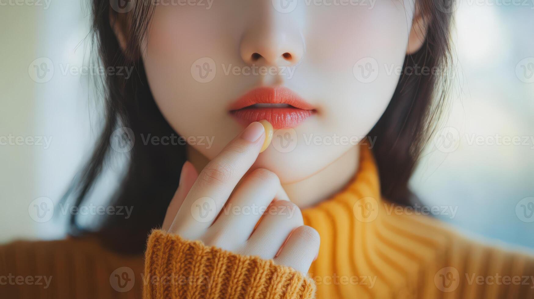 Close-up view of a person's face and hand holding something near the lips. photo