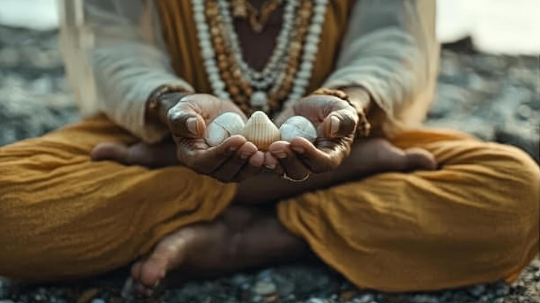 Close-up of a person holding seashells in meditation. photo