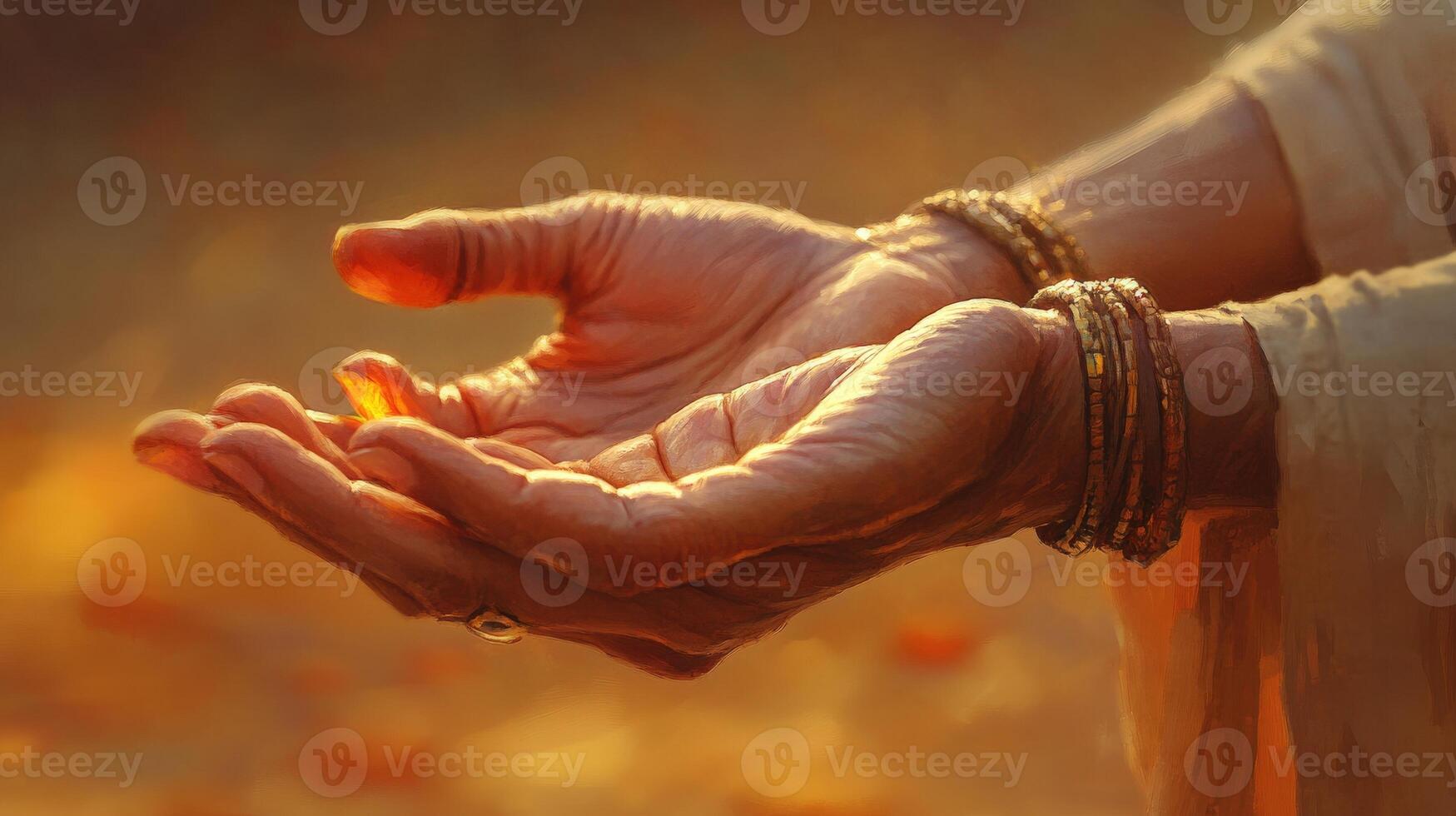 Elderly hands gently holding a luminous object. photo