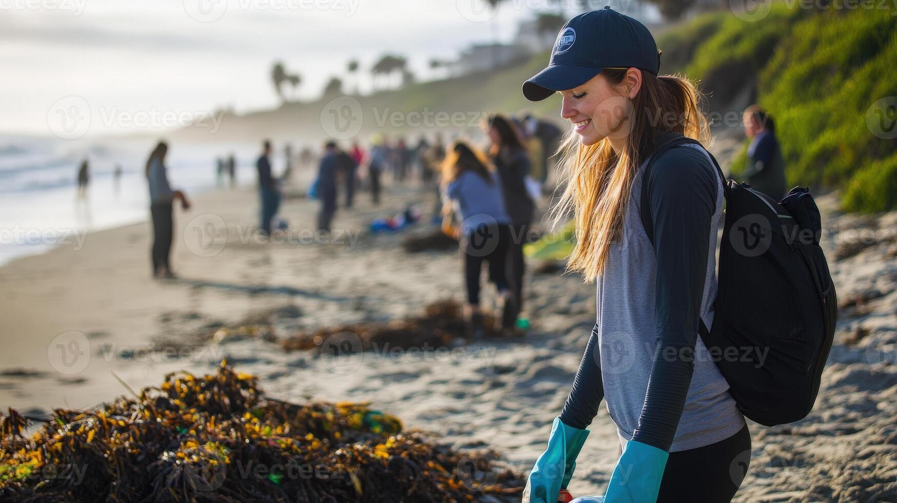 A young woman participates in a coastal cleanup effort. photo