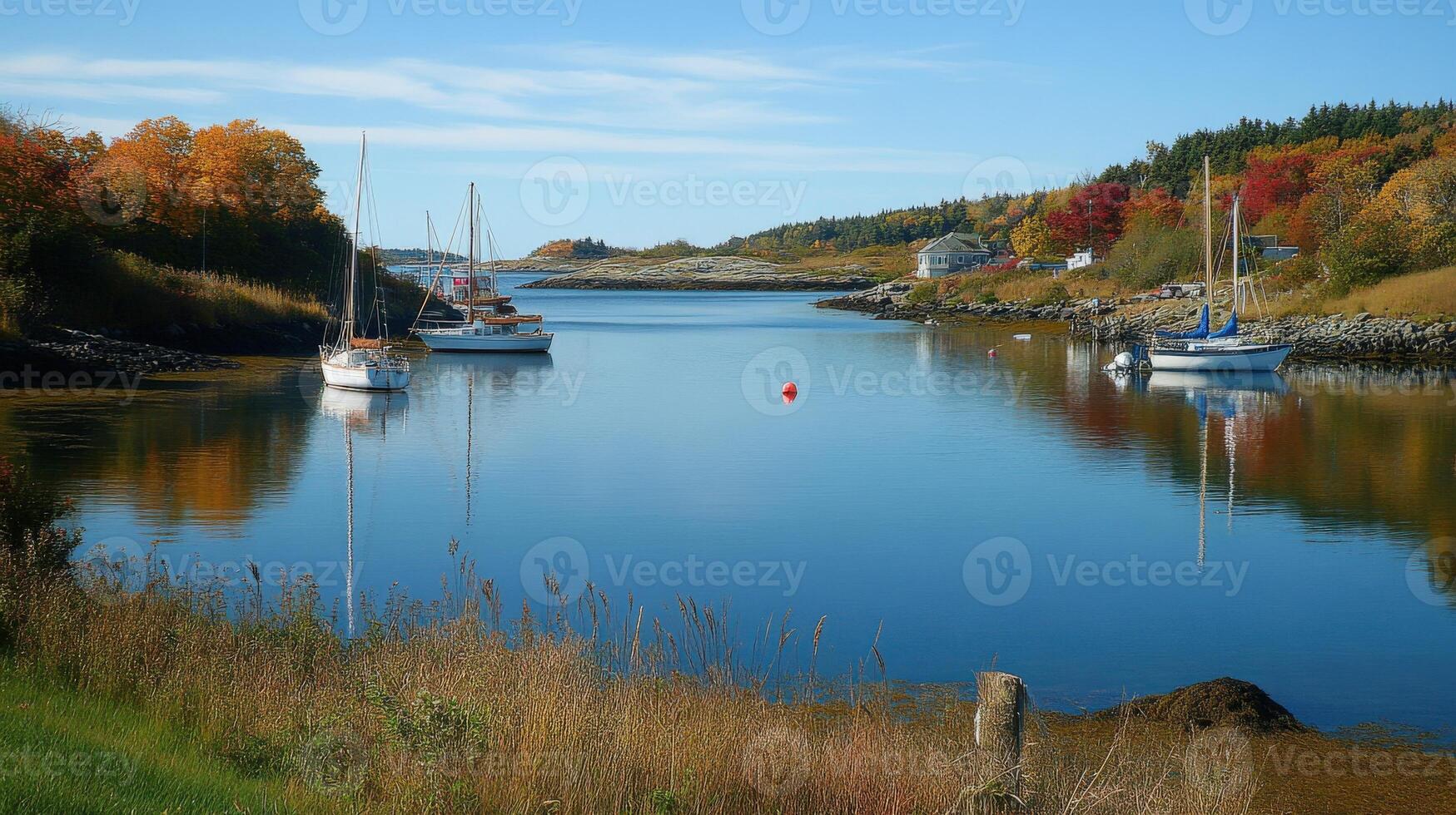 Tranquil harbor scene with autumn foliage reflections. photo