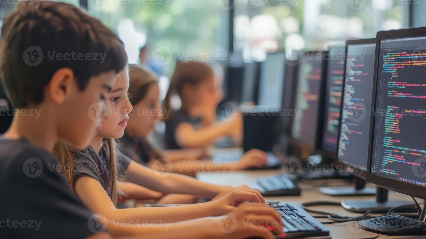 Focused children learning computer programming. photo