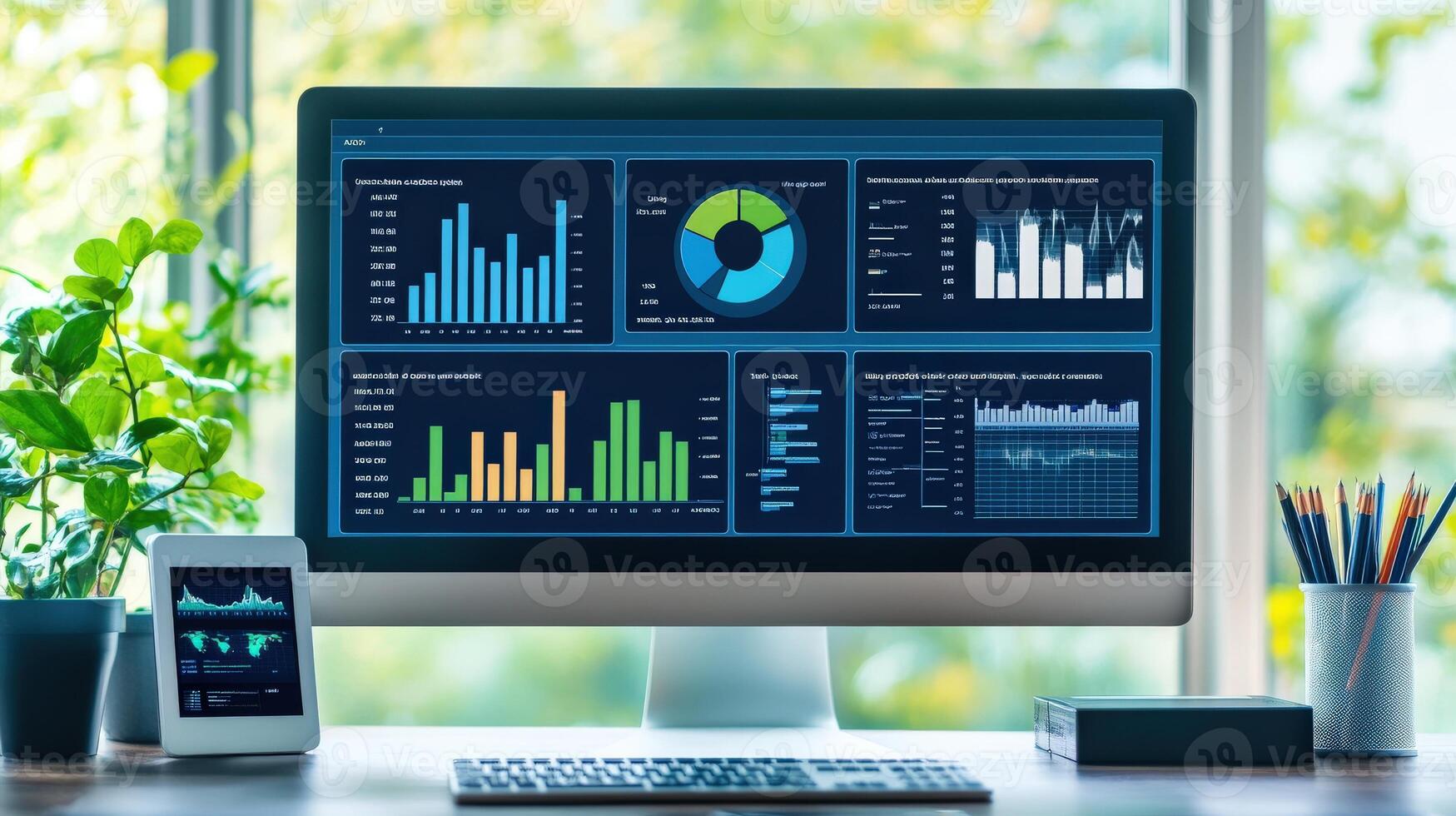 Modern workspace with computer displaying business data. photo