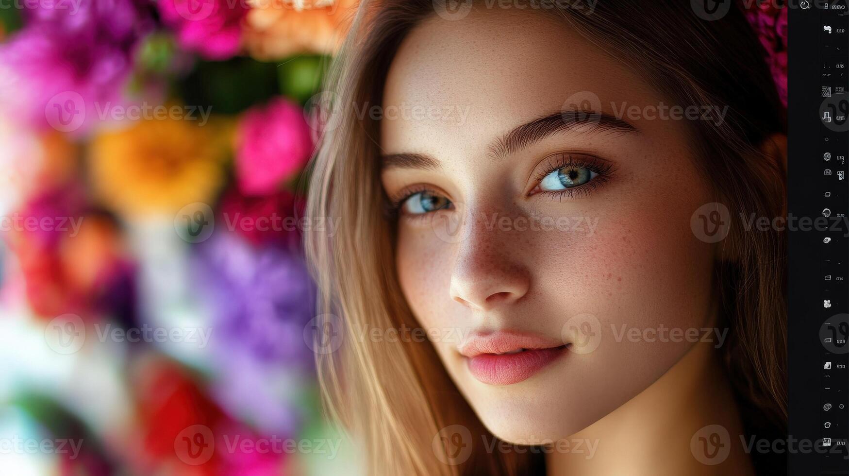 Close-up portrait of a young woman with vibrant flowers in the background. photo