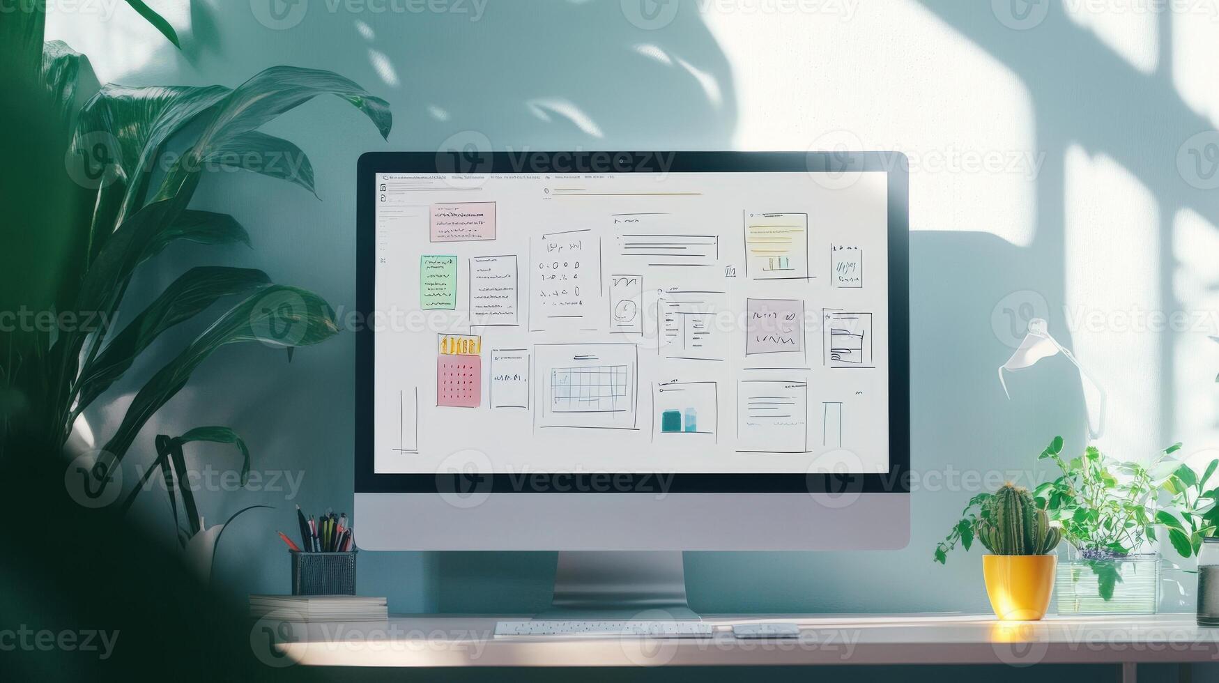 Home office workspace with computer screen displaying colorful notes and diagrams. photo