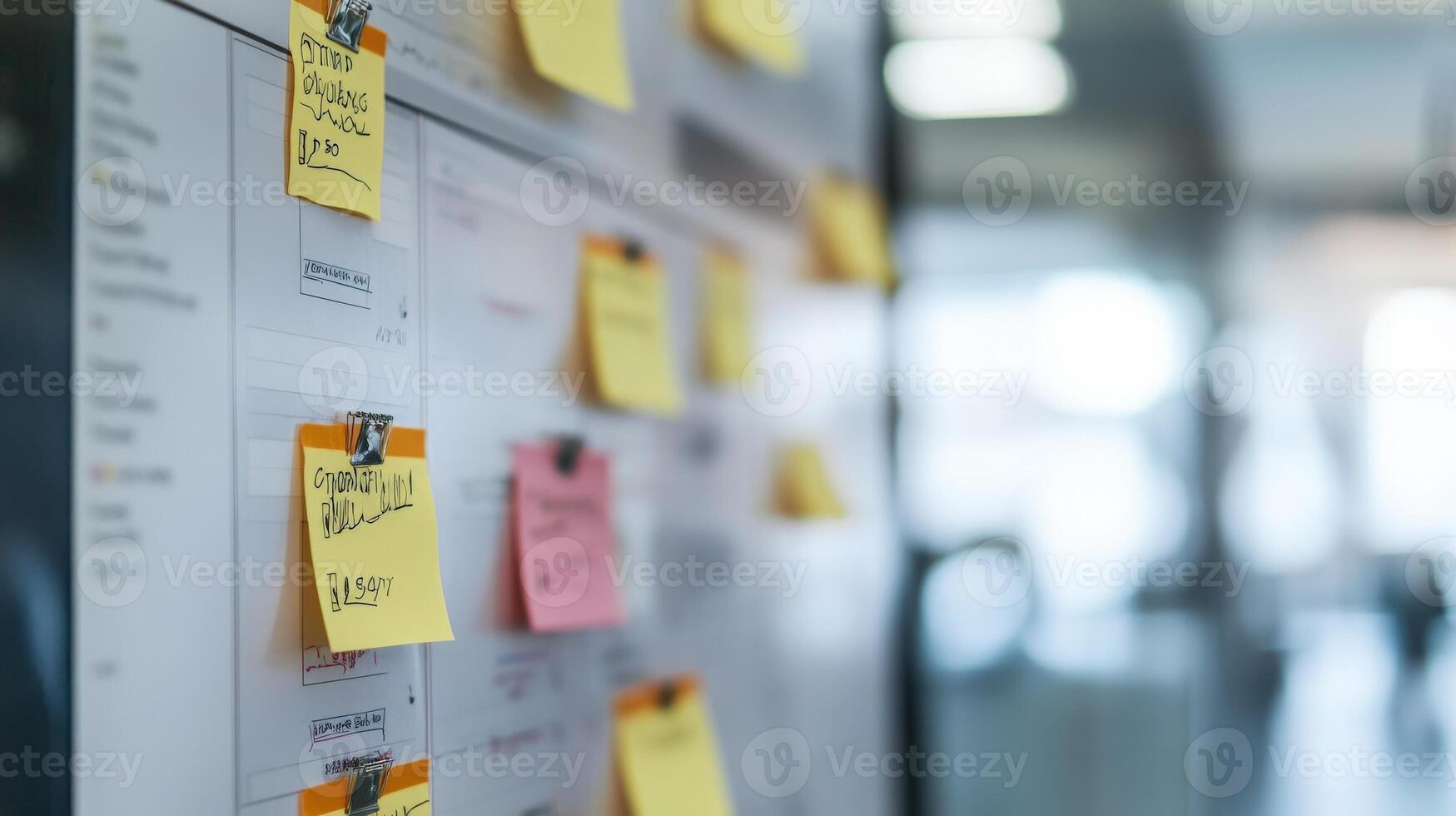 Close-up view of a whiteboard covered in sticky notes. photo