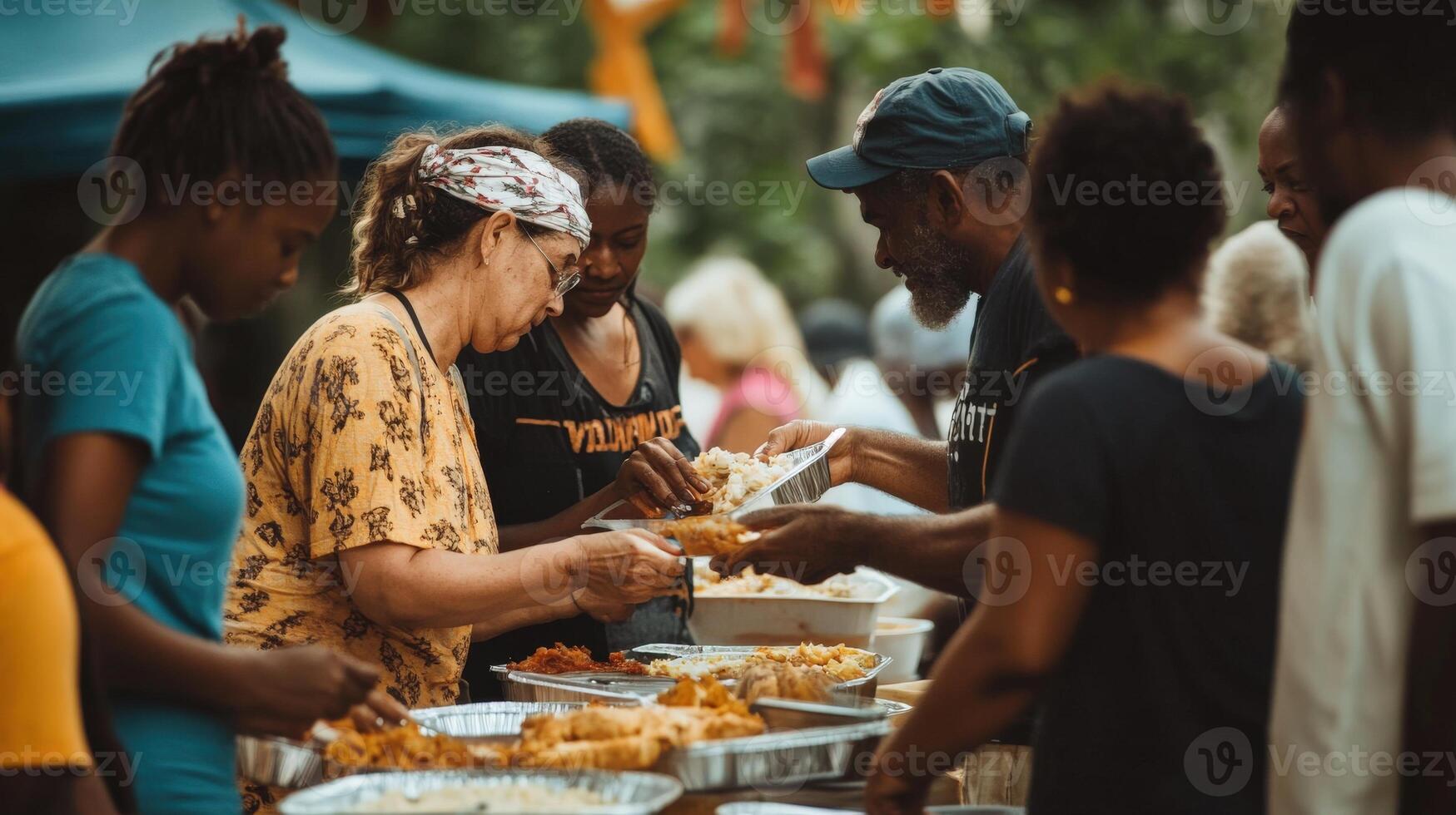 Diverse community members partake in a communal meal. photo