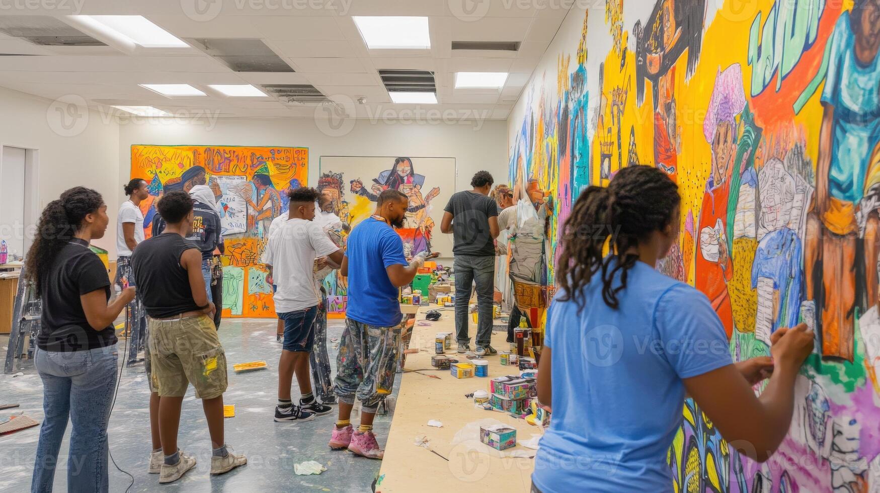 Diverse group collaborates on a vibrant mural project. photo