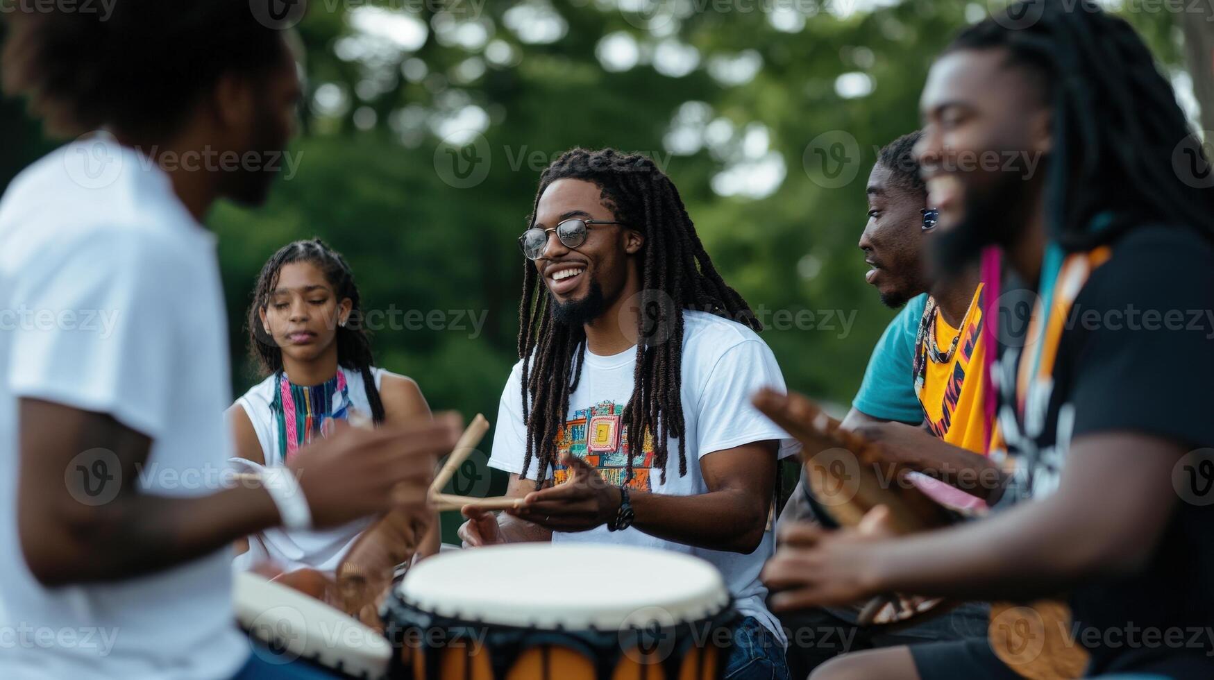 Diverse group of people playing drums outdoors. photo