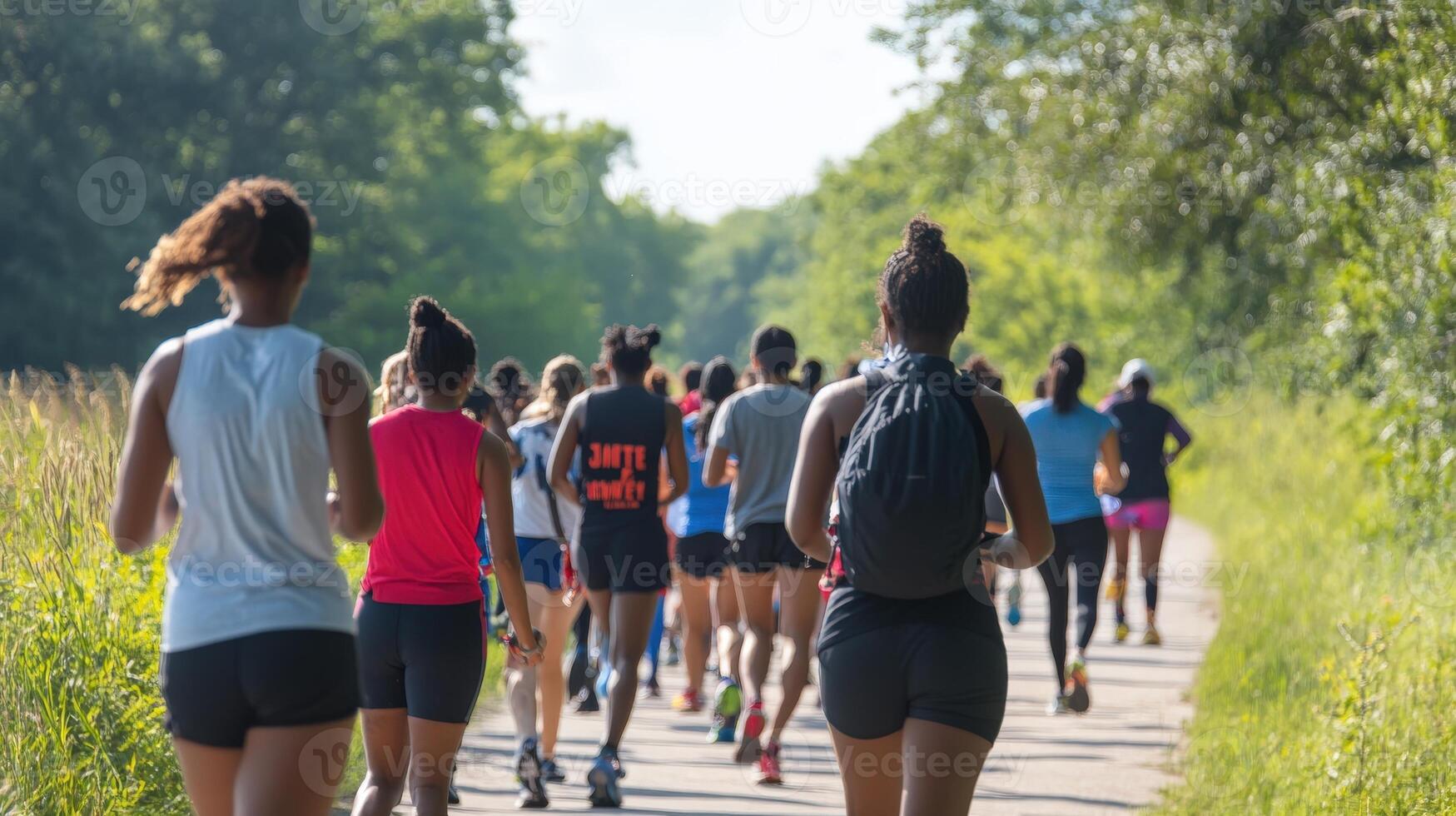 Diverse group of runners enjoys a trail run. photo
