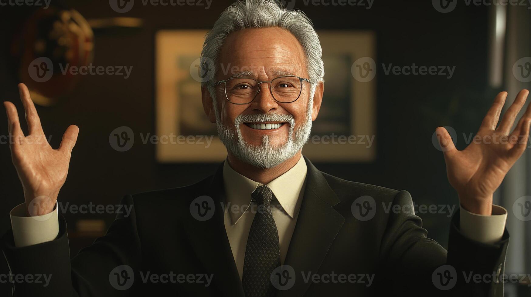 A smiling older man in a suit gestures with his hands photo