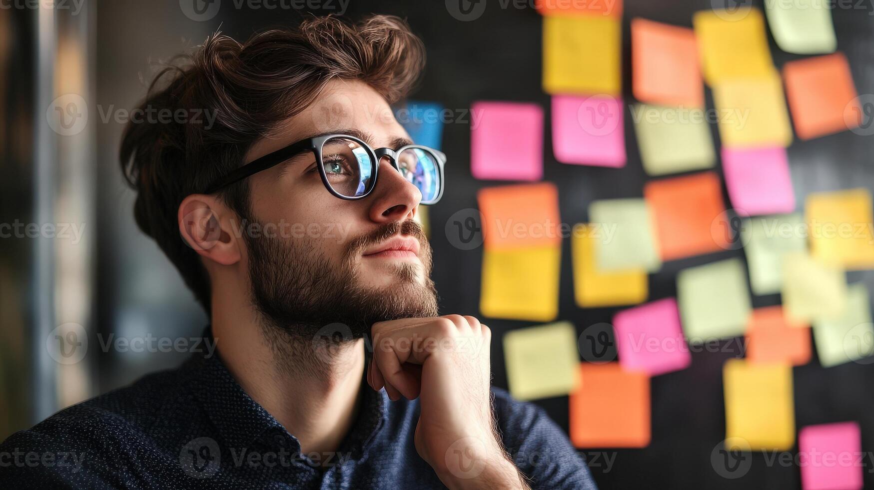 A thoughtful man is looking up with several colorful notes photo