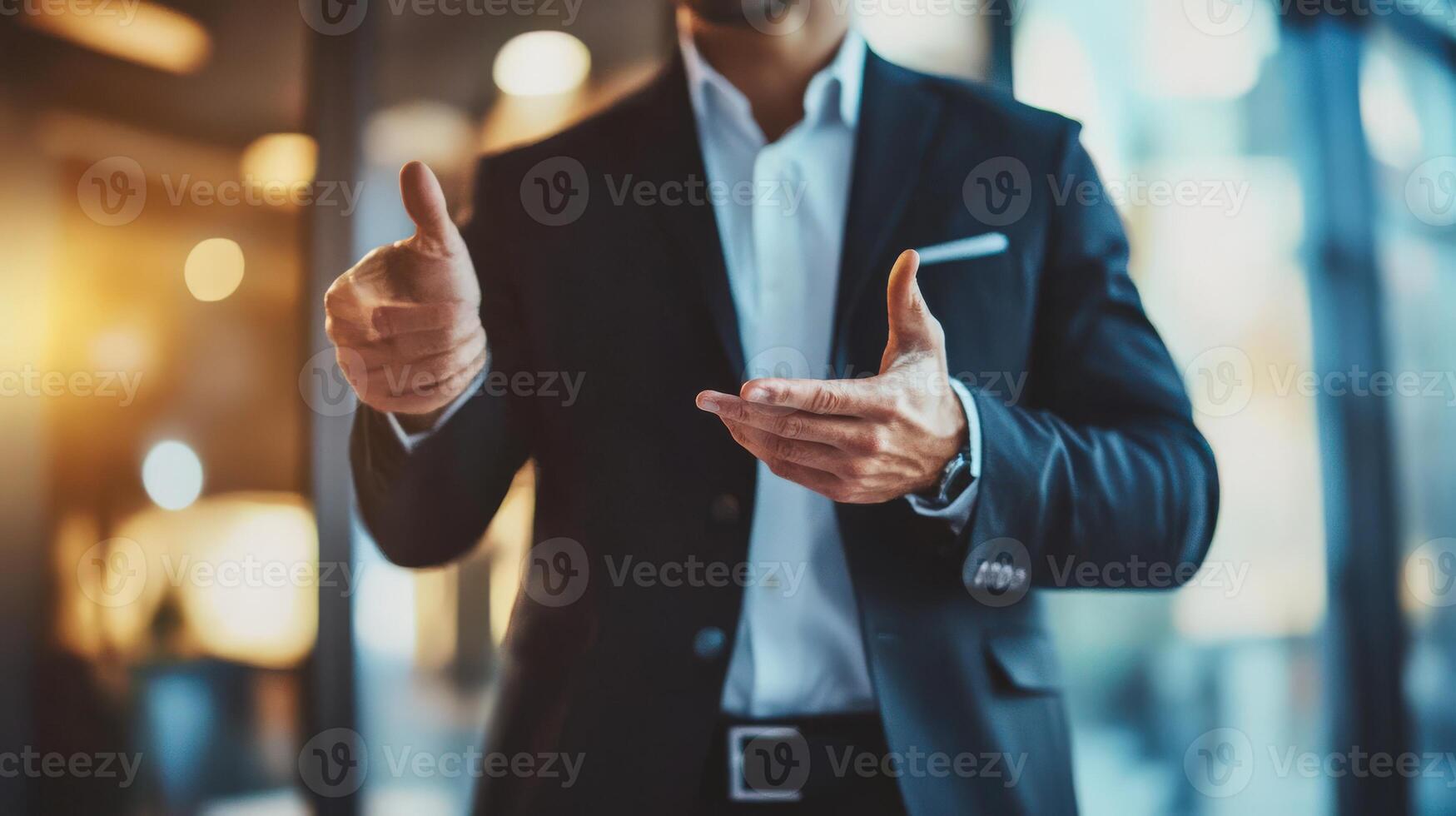 Professional man displaying hand gestures in business attire photo