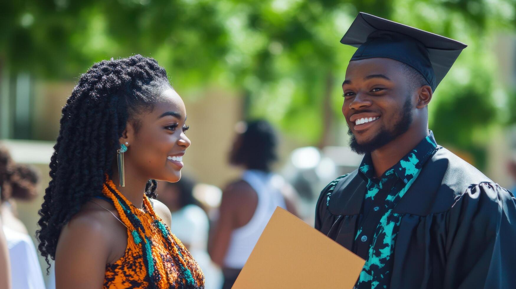 Smiling graduates share a joyful moment at commencement. photo