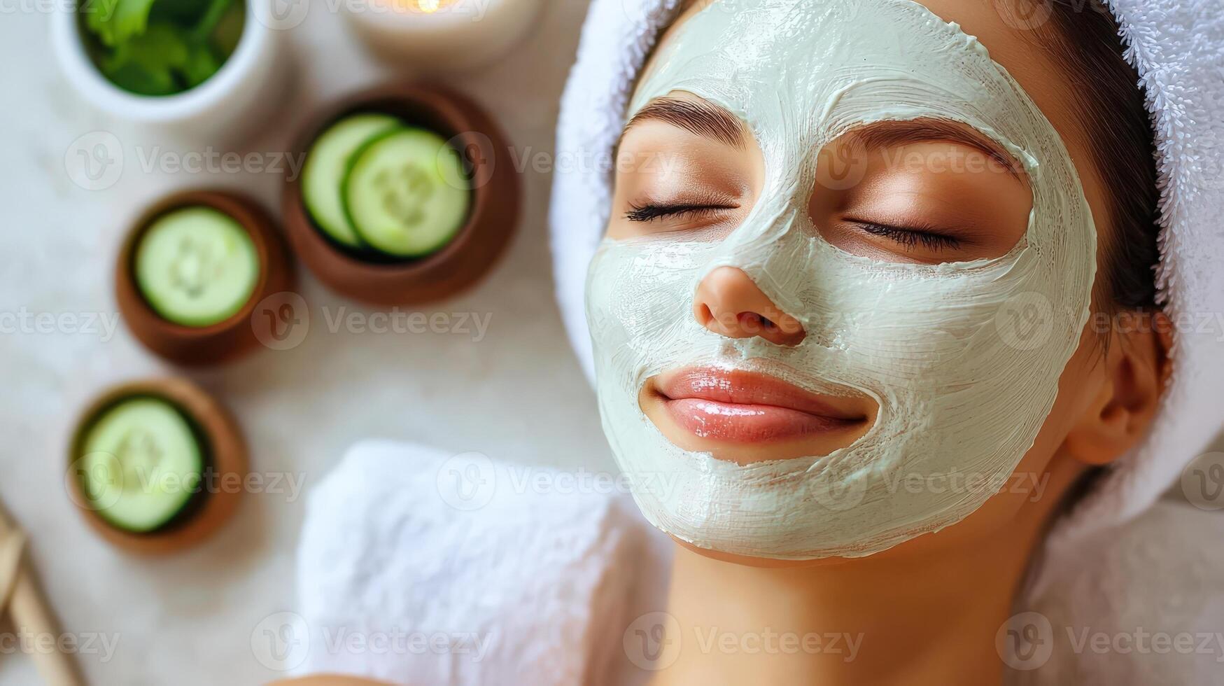 A woman is relaxing with a facial mask and cucumber slices photo
