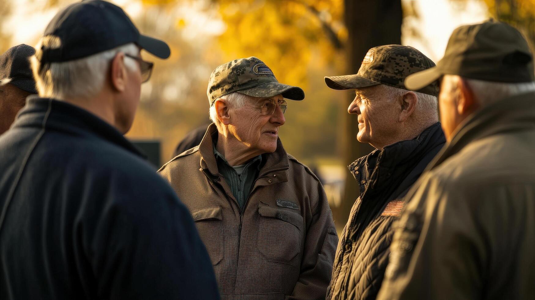Several older men are engaging in a focused conversation outdoors photo