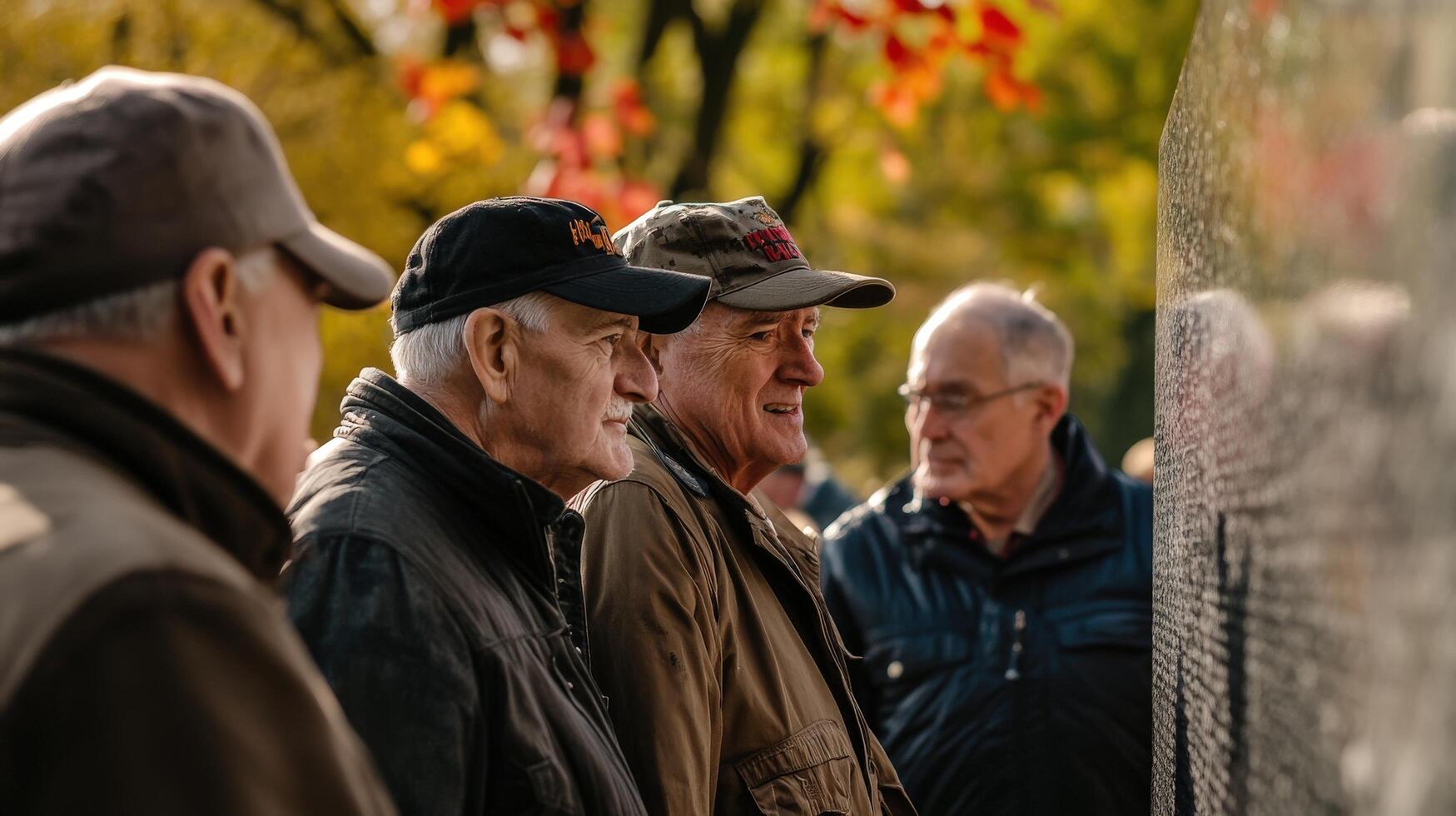 Several older men stand and observe a memorial outdoors on a sunny day photo
