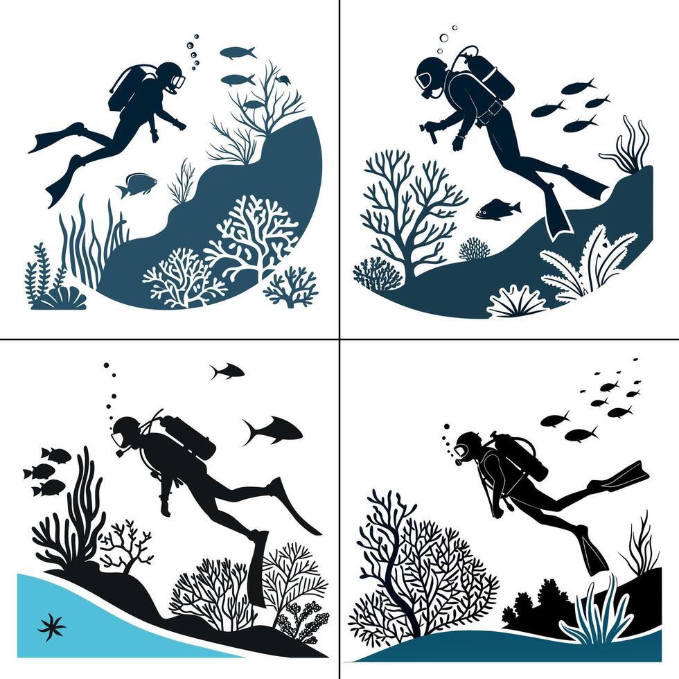 Scuba diver silhouettes swimming through coral reef and marine life underwater scene vector