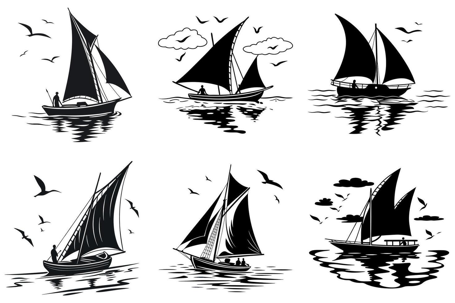Minimal sailing boat artwork with birds human figures and waves in black and white marine style for peaceful ocean illustration concept vector