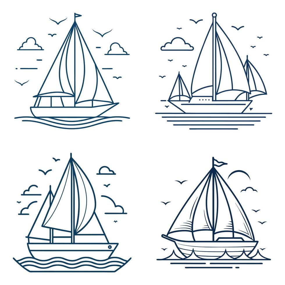 Elegant monochrome sailing boat sketches on calm ocean with drifting clouds and natural marine beauty for nautical artwork and travel illustration vector