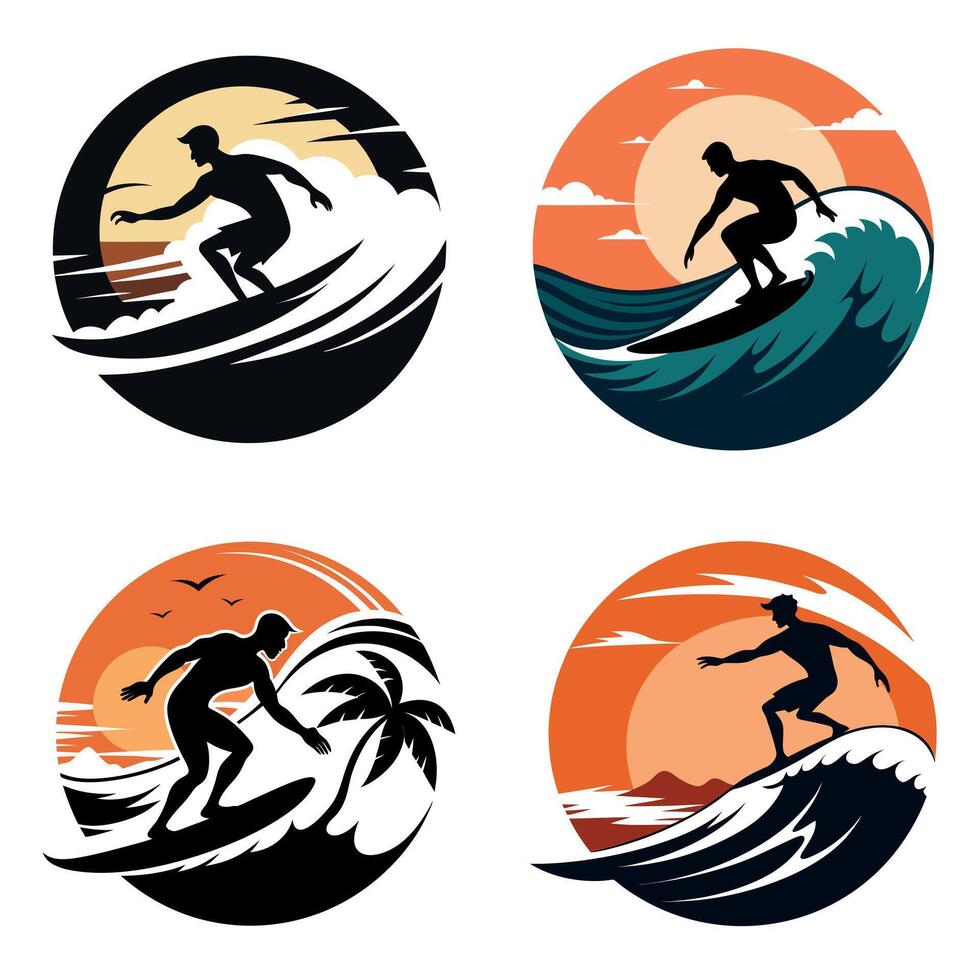 Surfer Silhouette Illustration Set with Sunset Waves in Circular Style vector