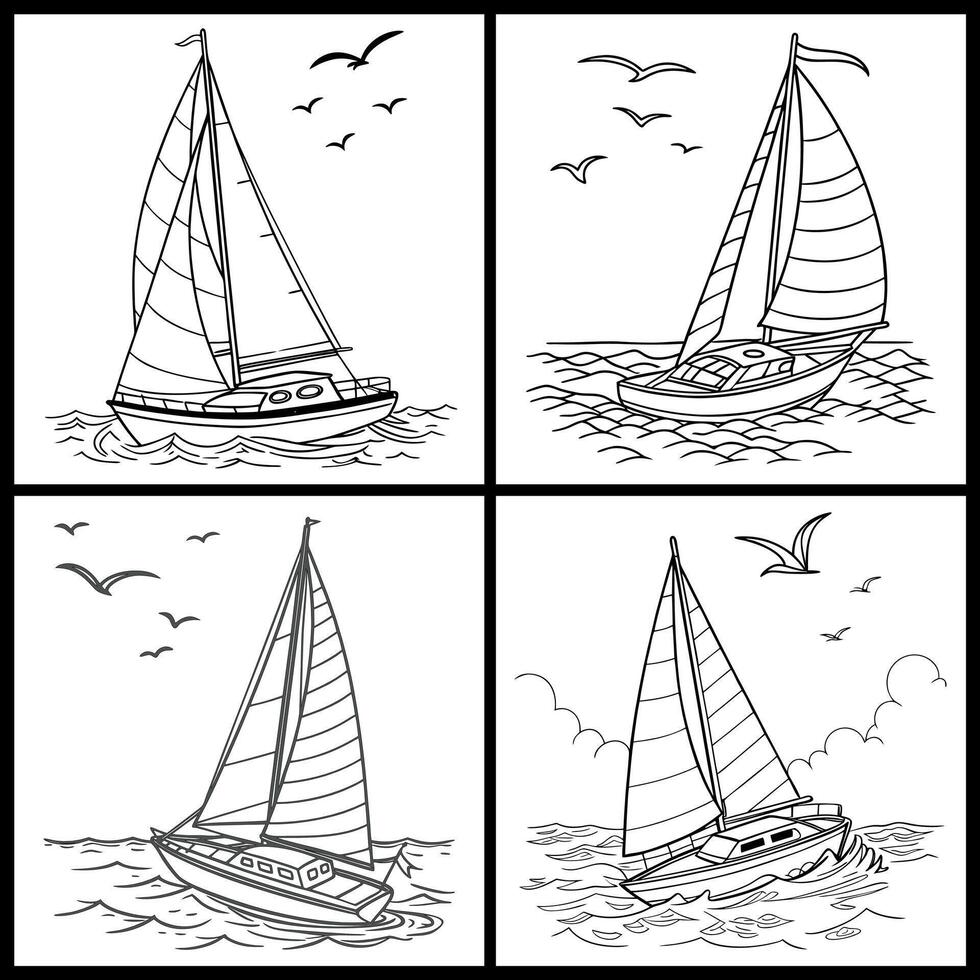 Calm ocean sailing boat drawings with floating clouds peaceful marine atmosphere and nautical illustration style Collection vector
