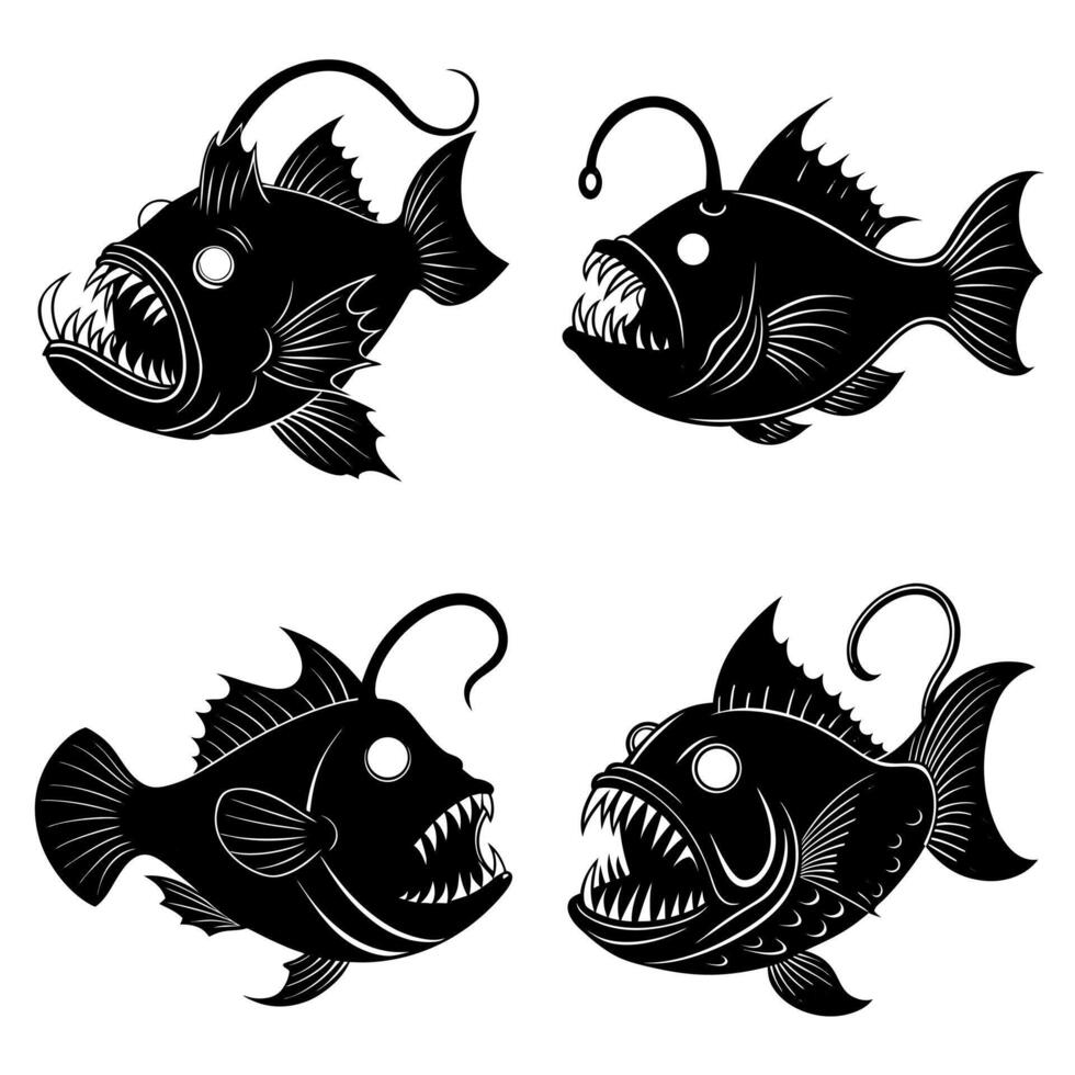 Deep sea anglerfish scary silhouette with glowing bait and teeth vector