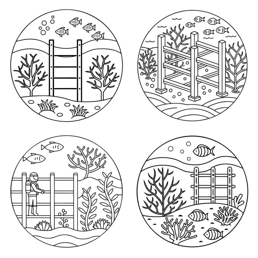 Line Art of Beautiful Underwater Scene of Divers Farming Coral in Ocean Nursery for Marine Conservation vector