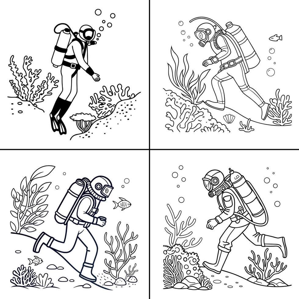 Underwater divers exploring coral reefs in black and white hand drawn illustration for ocean coloring and marine themes vector