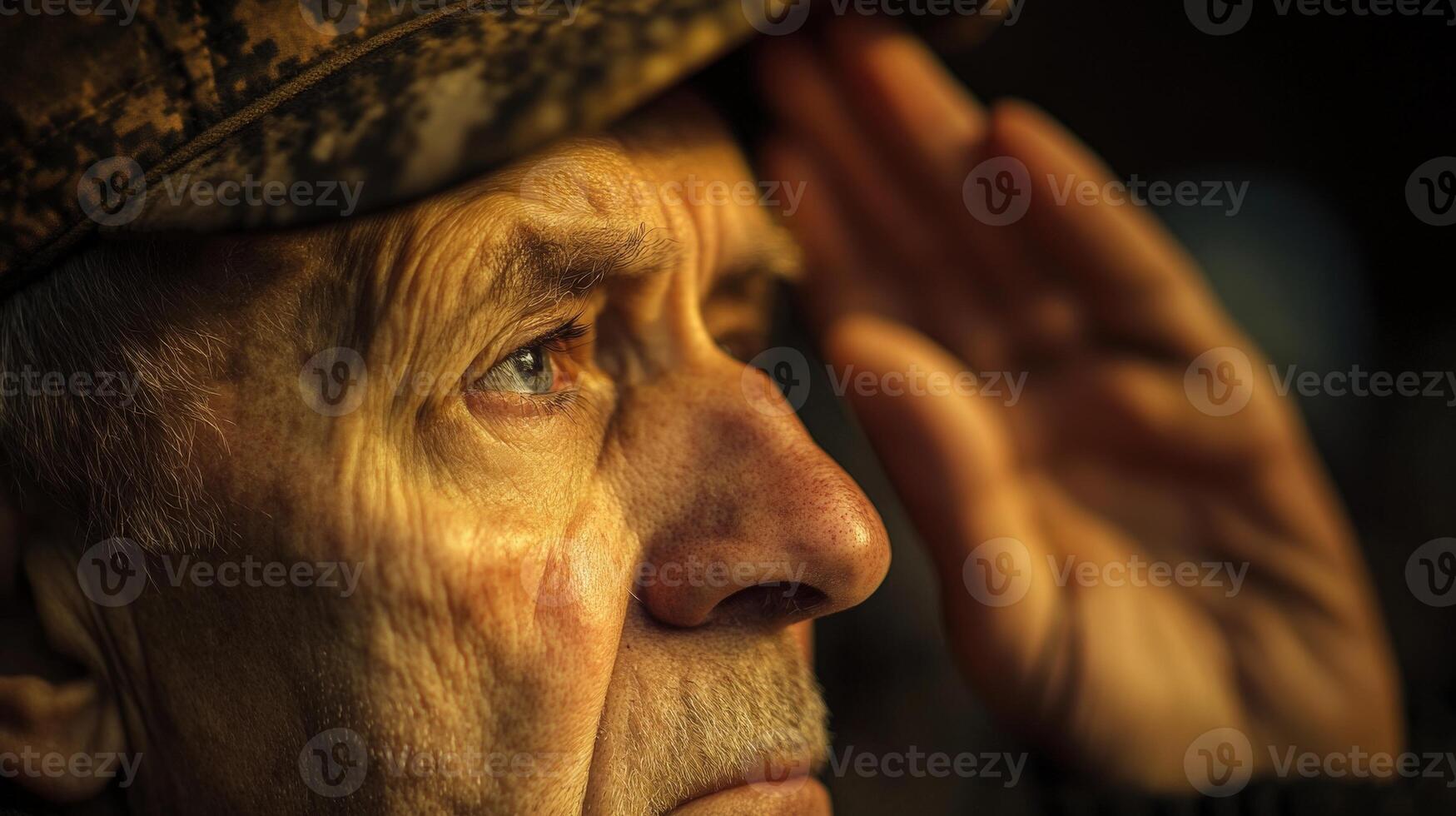 An elderly man salutes with a thoughtful expression on his face photo
