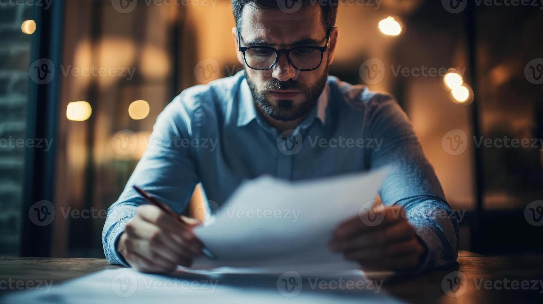A man reads and analyzes documents in dim lighting photo
