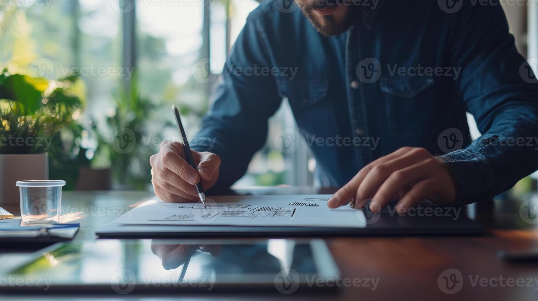 Person writing on a document with a pen at a table photo