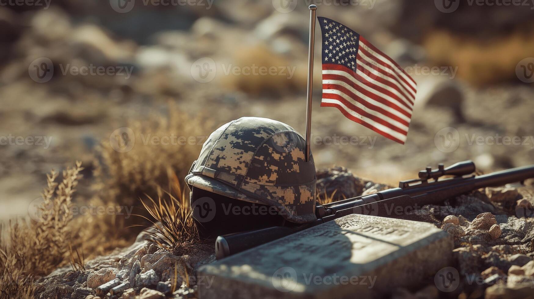 A military scene featuring a helmet and flag in a desert photo
