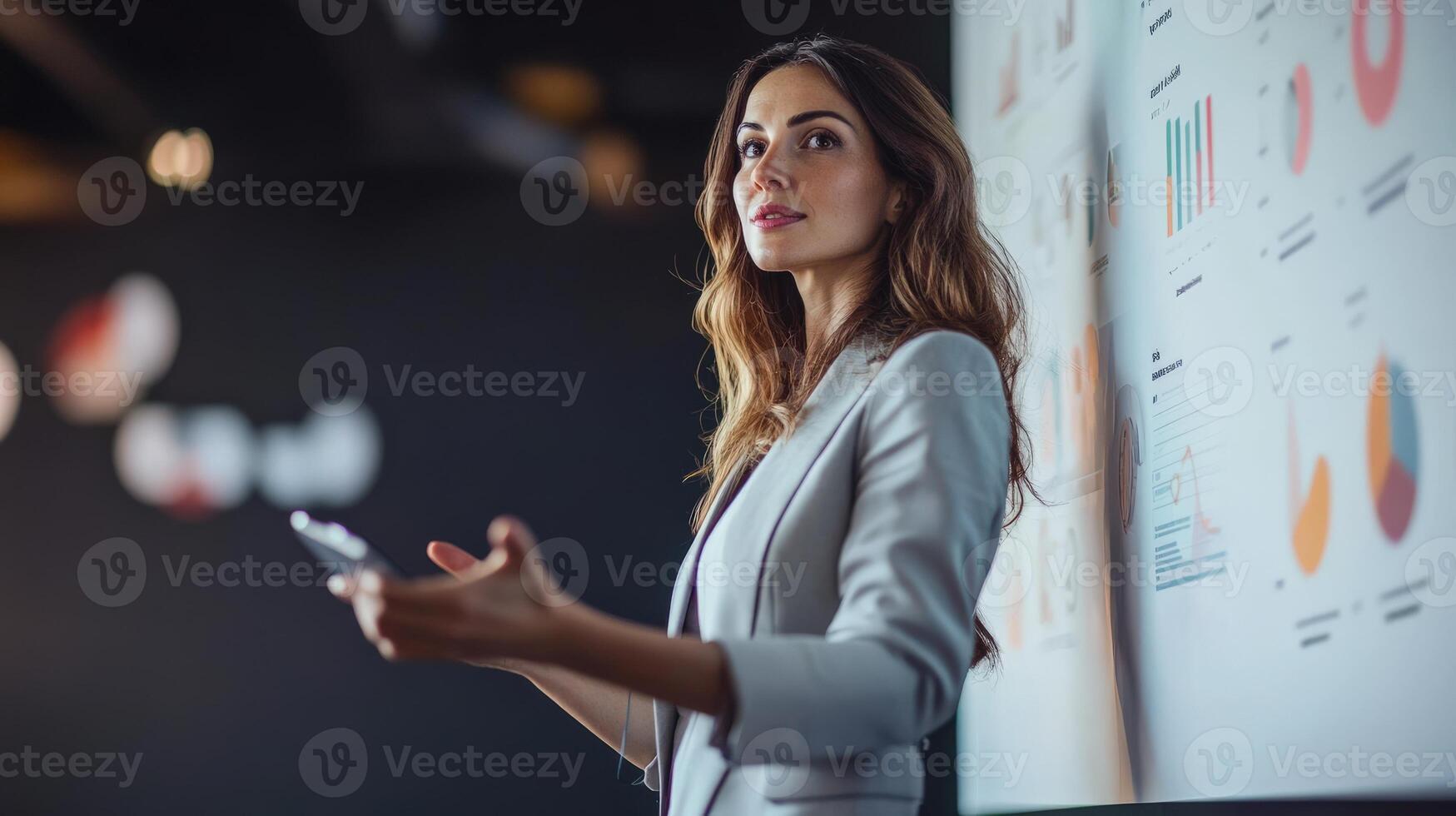 A businesswoman giving a presentation using charts and graphs on screen photo