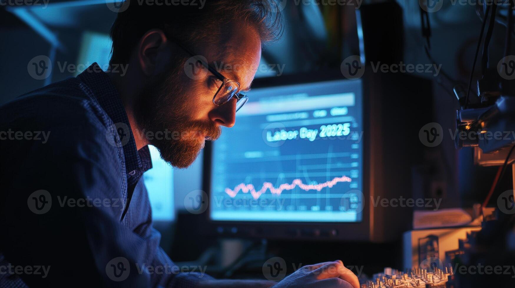 Focused scientist analyzes data and labor day 2025 trends. photo