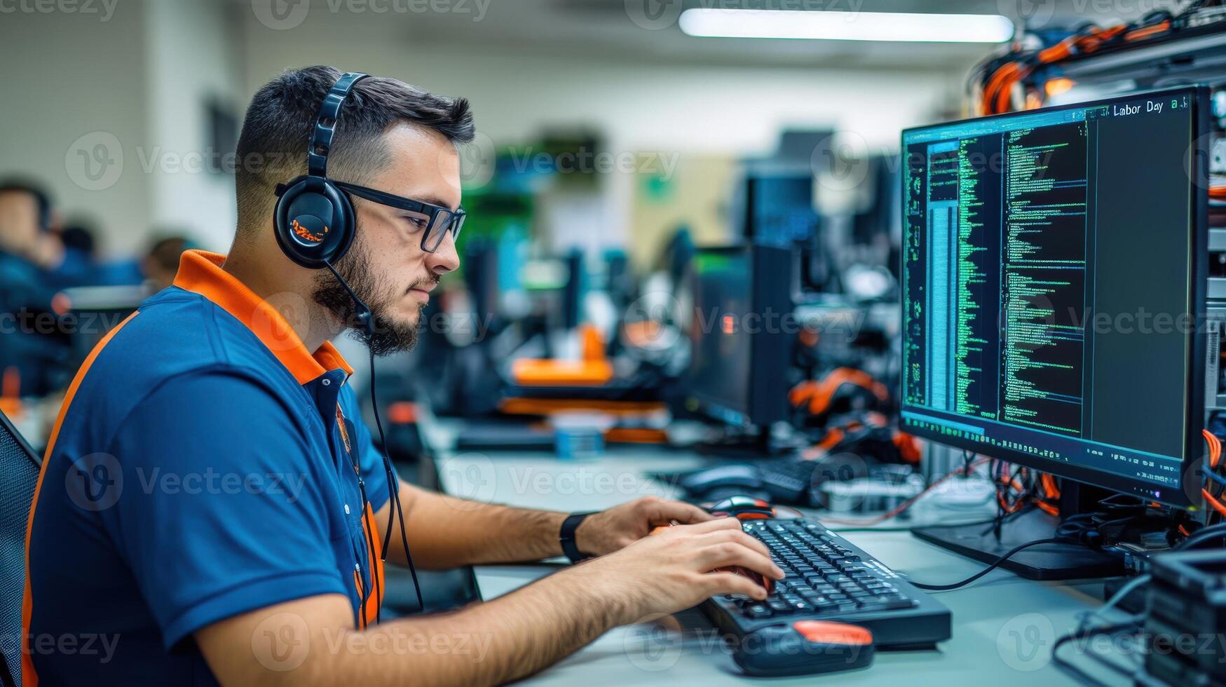 Focused software developer working at a computer in a modern office. photo