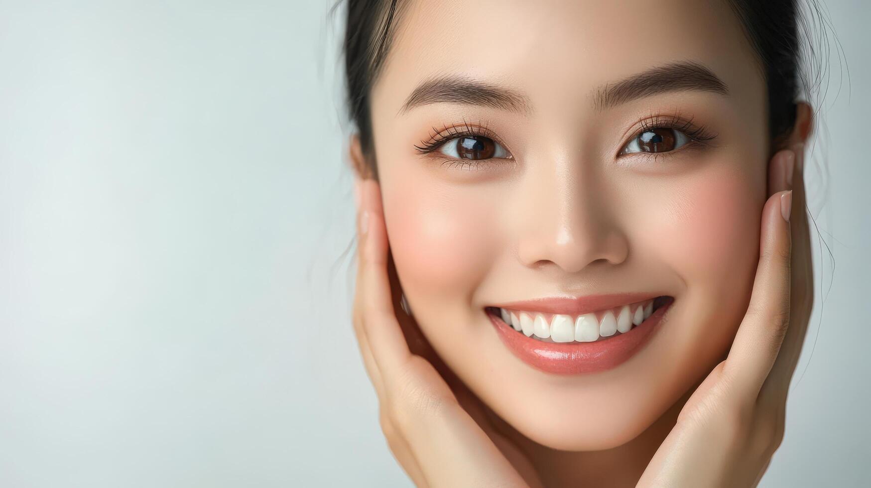 Close-up portrait of a joyful young woman with a radiant smile photo