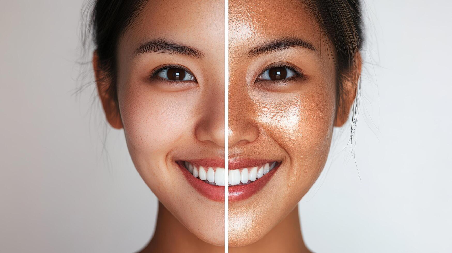 Comparison of skin tones on a person's face. e photo