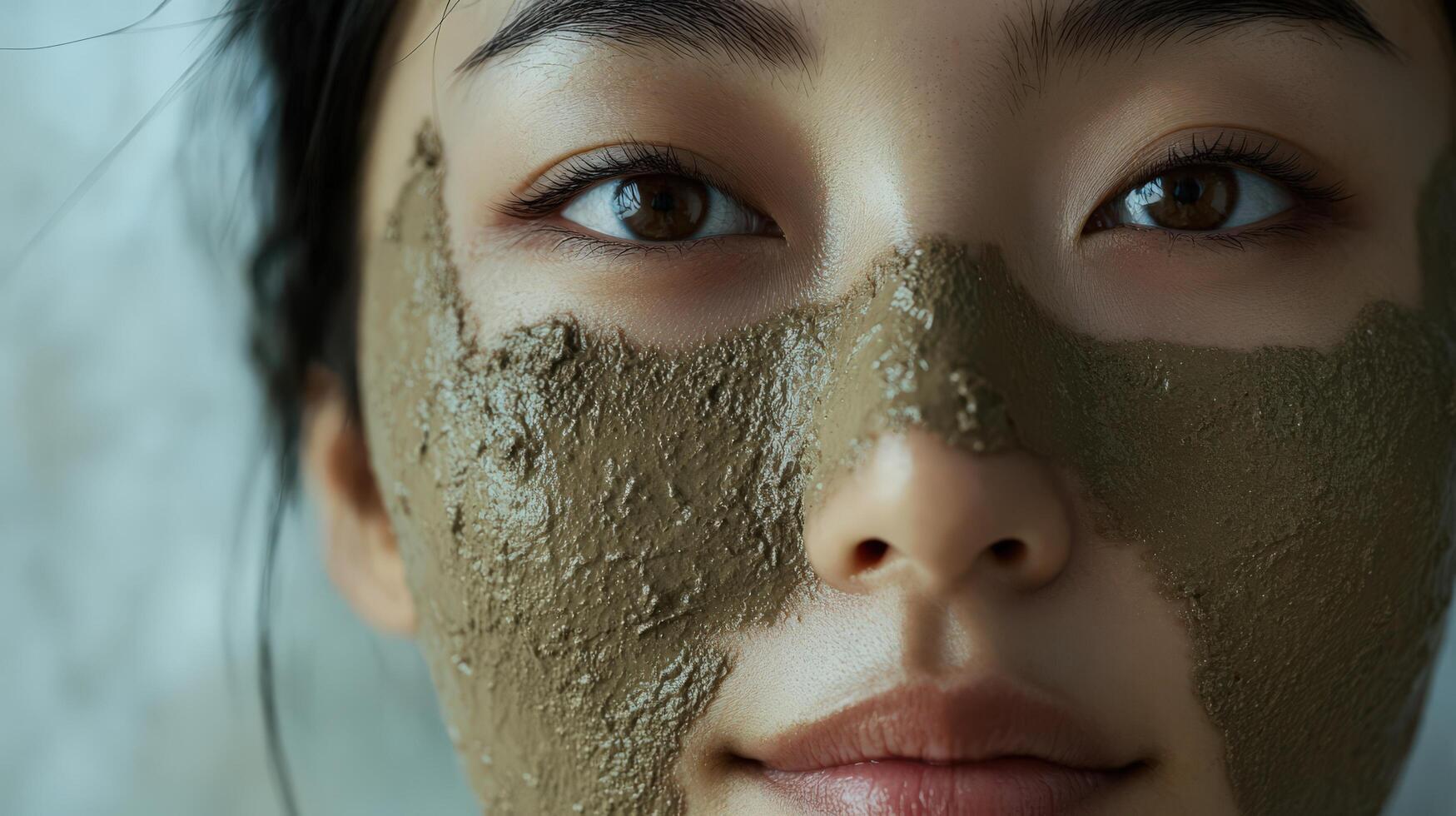 Close-up portrait of a person wearing a facial clay mask. photo