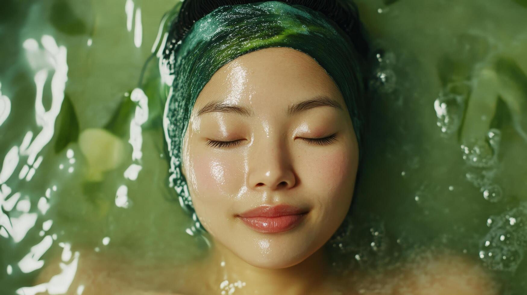 Relaxed woman floating in a soothing green bath. photo