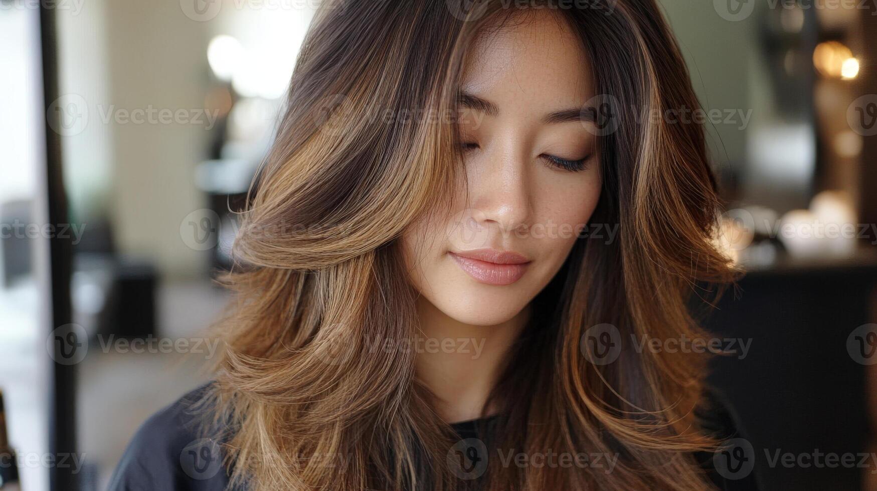 Close-up portrait of a woman with layered, highlighted hair. photo