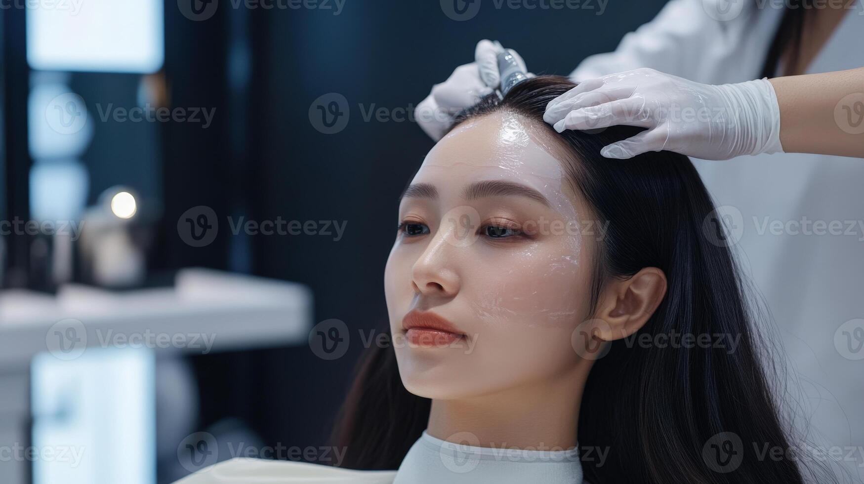 A young woman receiving a facial treatment in a modern salon. photo