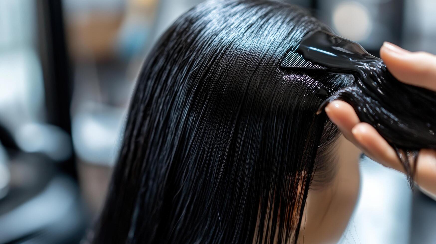 Close-up view of wet hair being treated by a stylist. photo