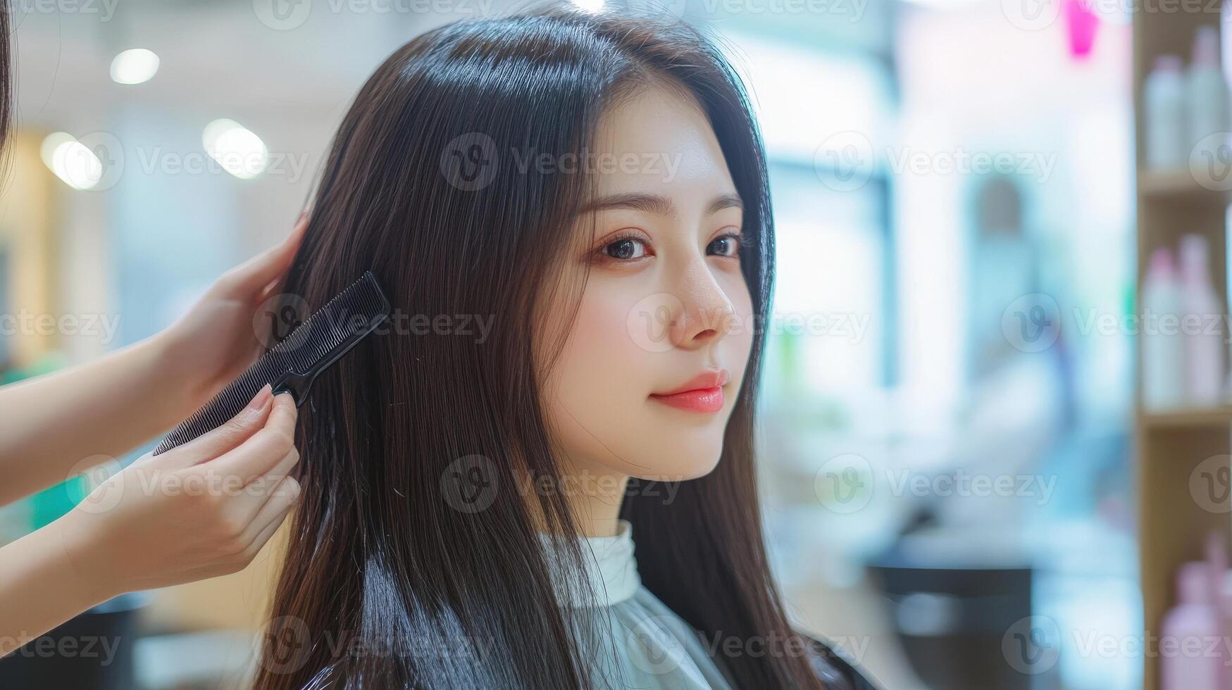 A young woman receiving a hair treatment in a salon. photo